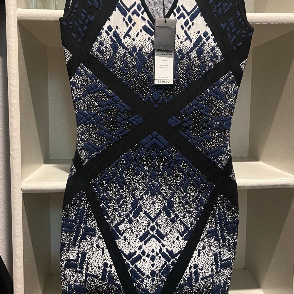 BCBG Blue and Silver Sleeveless Halter Mini Dress